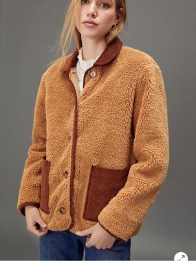 Avec Les Filles by Anthropologie Camel Teddy Jacket with Dark Brown Accents 1X